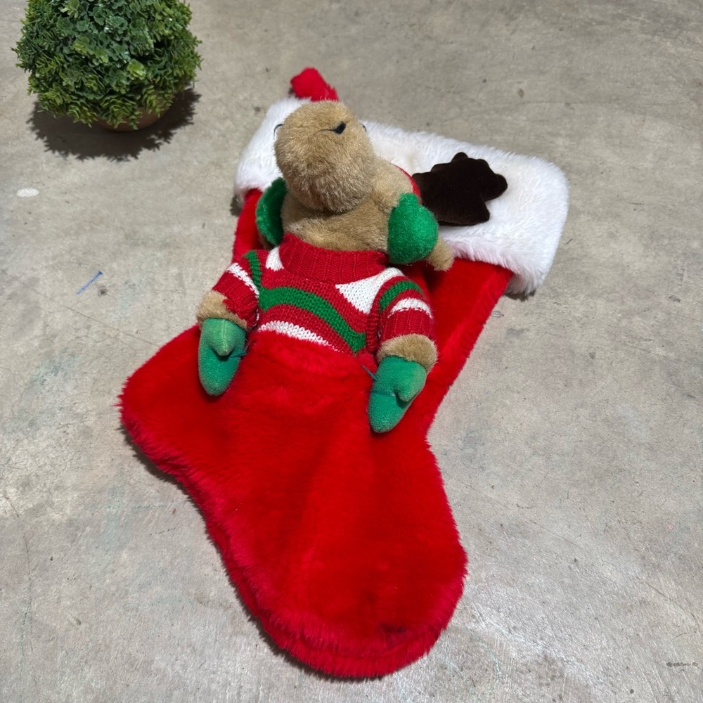 Vtg Santa’s Best Reindeer Moose 3D Plush Stocking Christmas Holiday Red Green‎